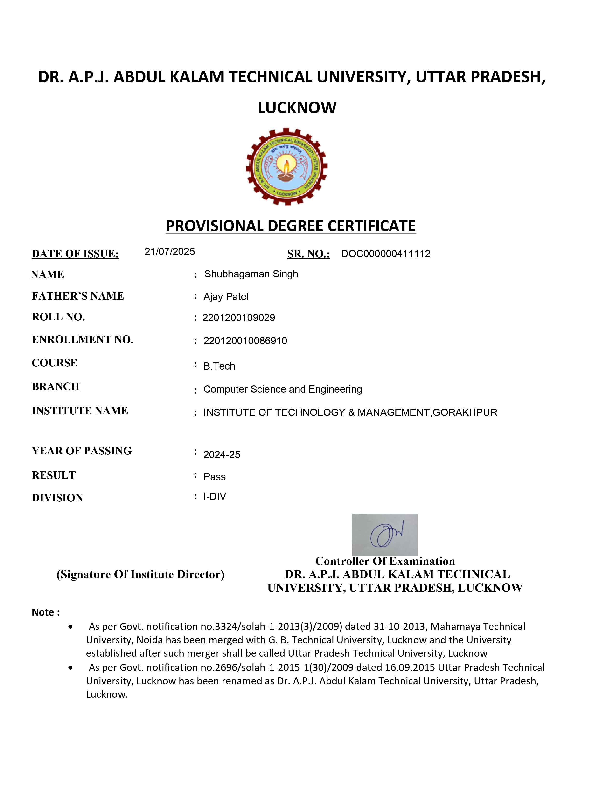 B. Tech in Computer Science & Engineering